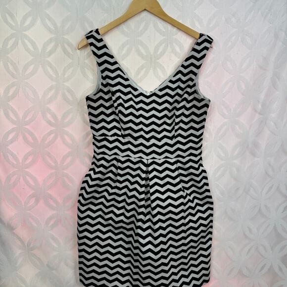 WHBM Sleeveless Mini Dress Pleated Front Chevron Striped Black White Size 10 - Picture 3 of 8